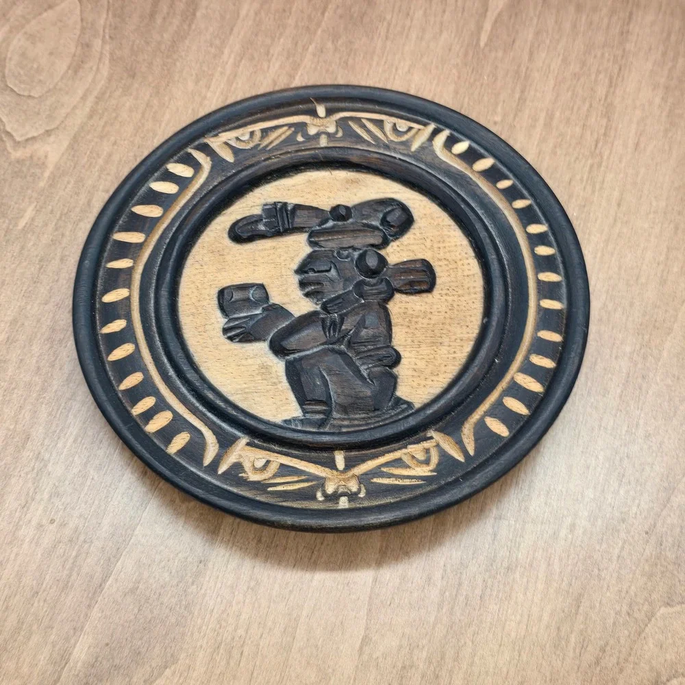 Vintage Hand‎ Carved Wooden Plate Mesoamerican Figure